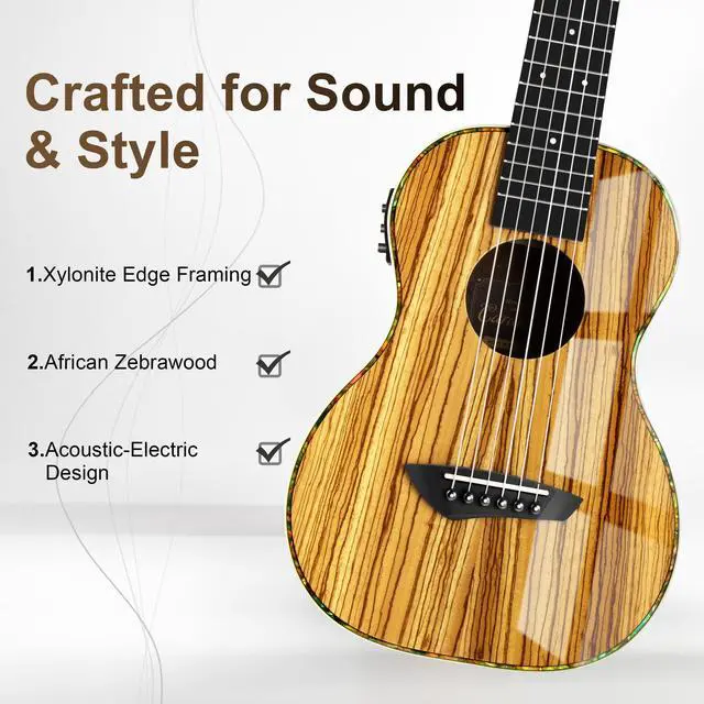 Alt view image 2 of 7 - 6 String CB103G 30 In Glossy Zebra Wood Acoustic Electric Ukulele | Guitalele with Truss Rod with Padded Gig Bag, Strap