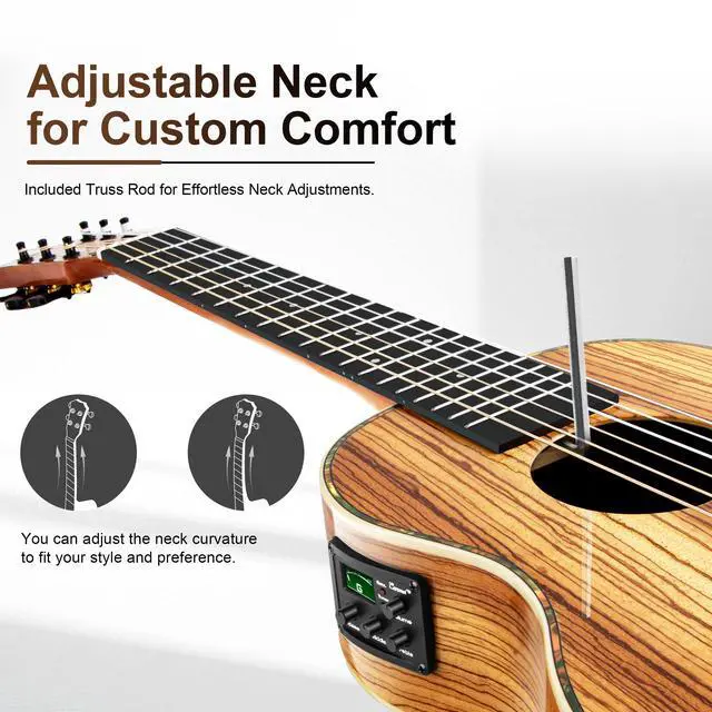 Alt view image 4 of 7 - 6 String CB103G 30 In Glossy Zebra Wood Acoustic Electric Ukulele | Guitalele with Truss Rod with Padded Gig Bag, Strap