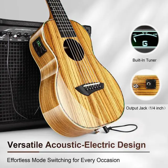 Alt view image 5 of 7 - 6 String CB103G 30 In Glossy Zebra Wood Acoustic Electric Ukulele | Guitalele with Truss Rod with Padded Gig Bag, Strap