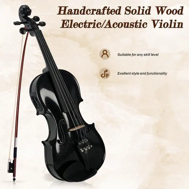 Alt view image 2 of 6 - Electric/Acoustic Violin with Ebony Accessories with Carrying Case, Violin Bow, Bridge, Shoulder Rest, Stickers, Tuner, Instruction, Handcraft with Maple, Spruce (Black)