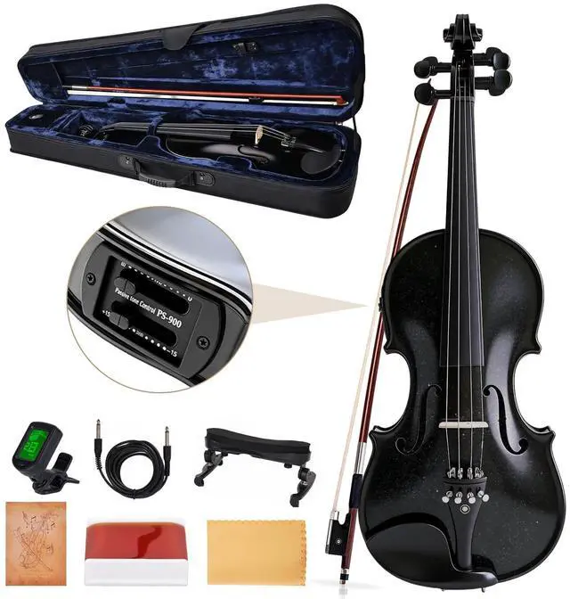 Alt view image 3 of 6 - Electric/Acoustic Violin with Ebony Accessories with Carrying Case, Violin Bow, Bridge, Shoulder Rest, Stickers, Tuner, Instruction, Handcraft with Maple, Spruce (Black)