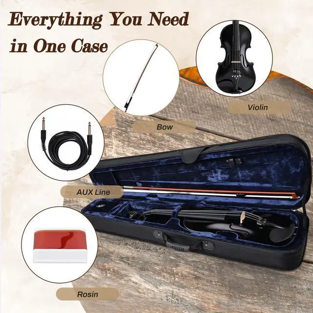 Alt view image 4 of 6 - Electric/Acoustic Violin with Ebony Accessories with Carrying Case, Violin Bow, Bridge, Shoulder Rest, Stickers, Tuner, Instruction, Handcraft with Maple, Spruce (Black)