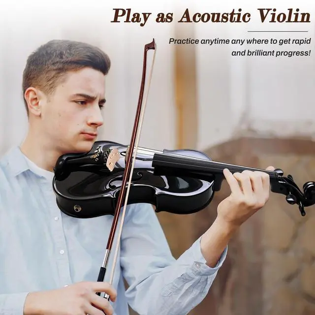 Alt view image 5 of 6 - Electric/Acoustic Violin with Ebony Accessories with Carrying Case, Violin Bow, Bridge, Shoulder Rest, Stickers, Tuner, Instruction, Handcraft with Maple, Spruce (Black)