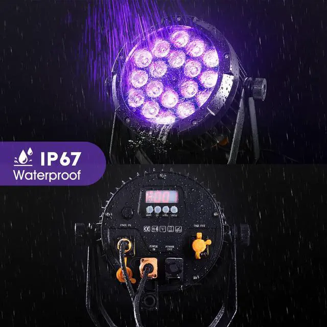 Alt view image 2 of 7 - 18x18W RGBWAUV 6-in-1 Waterproof Par Light, IP67 Cast Aluminum Stage Wash Light with Intelligent Temperature Control, 45° Wide Beam, DMX Chainable Outdoor Lighting for Wedding Pool Party Concert
