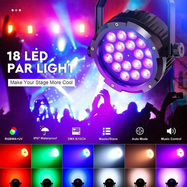 Alt view image 3 of 7 - 18x18W RGBWAUV 6-in-1 Waterproof Par Light, IP67 Cast Aluminum Stage Wash Light with Intelligent Temperature Control, 45° Wide Beam, DMX Chainable Outdoor Lighting for Wedding Pool Party Concert