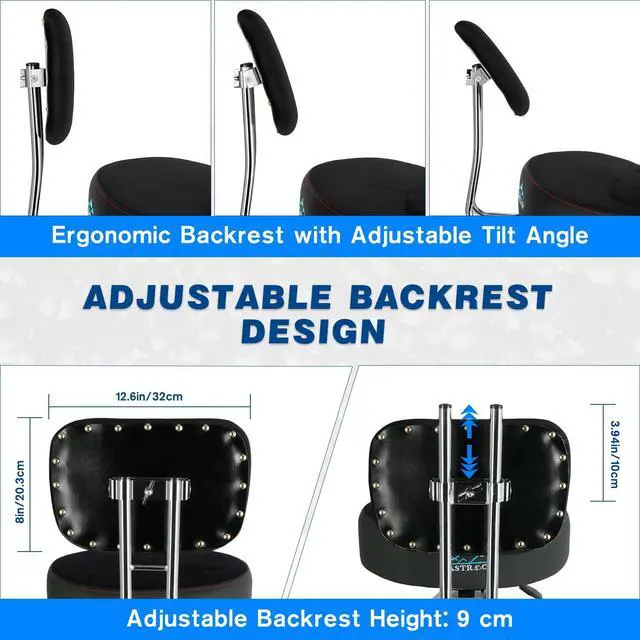 Alt view image 2 of 7 - Drum Throne with Backrest, 4-Leg Airlift Height Adjustable Drum Stool, Motorcycle-Style Heavy Duty Saddle Drum Seat with Thickened Cushion for Adult Drummers