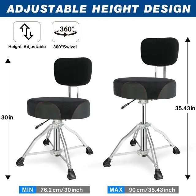 Alt view image 4 of 7 - Drum Throne with Backrest, 4-Leg Airlift Height Adjustable Drum Stool, Motorcycle-Style Heavy Duty Saddle Drum Seat with Thickened Cushion for Adult Drummers