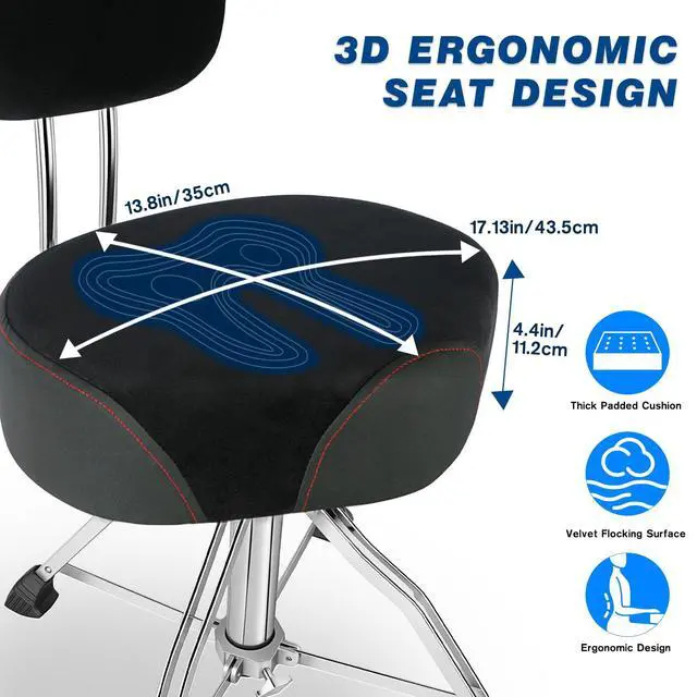 Alt view image 3 of 7 - Drum Throne with Backrest, 4-Leg Airlift Height Adjustable Drum Stool, Motorcycle-Style Heavy Duty Saddle Drum Seat with Thickened Cushion for Adult Drummers