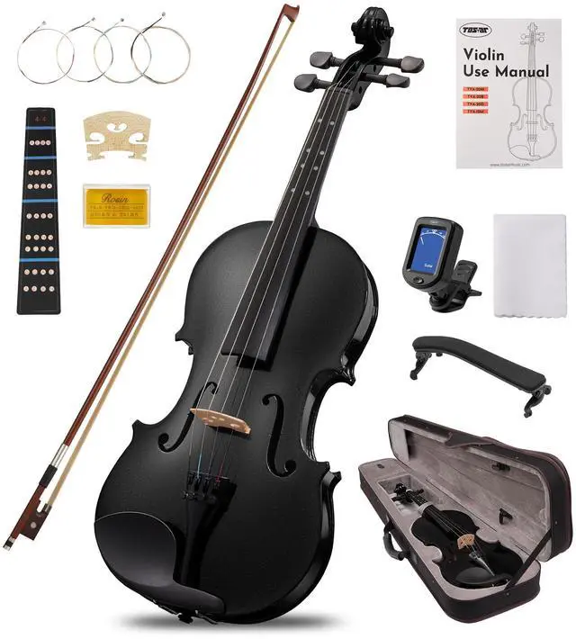 Main image of Acoustic Violin Full Size 4/4, Beginner Kit with Case & Bow, Black Glossy