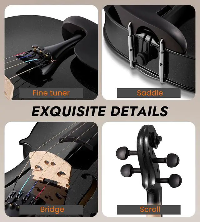 Alt view image 2 of 7 - Acoustic Violin Full Size 4/4, Beginner Kit with Case & Bow, Black Glossy