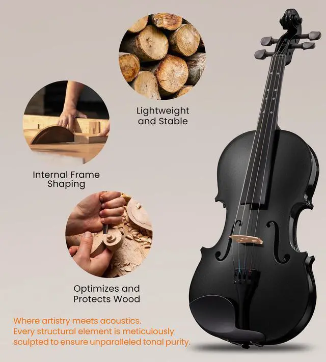 Alt view image 6 of 7 - Acoustic Violin Full Size 4/4, Beginner Kit with Case & Bow, Black Glossy