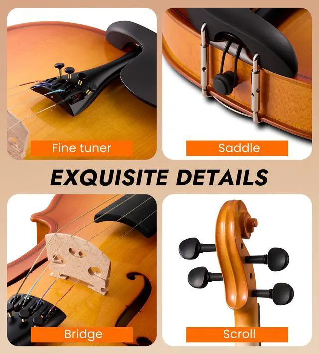Alt view image 2 of 7 - Acoustic Violin Full Size 4/4, Beginner Kit with Case & Bow, Retro Gloss