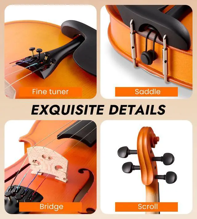 Alt view image 2 of 7 - Acoustic Violin Full Size 4/4, Beginner Kit with Case & Bow, Retro Matte