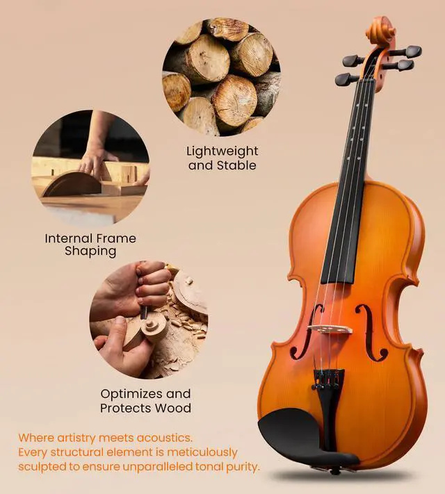 Alt view image 6 of 7 - Acoustic Violin Full Size 4/4, Beginner Kit with Case & Bow, Retro Matte