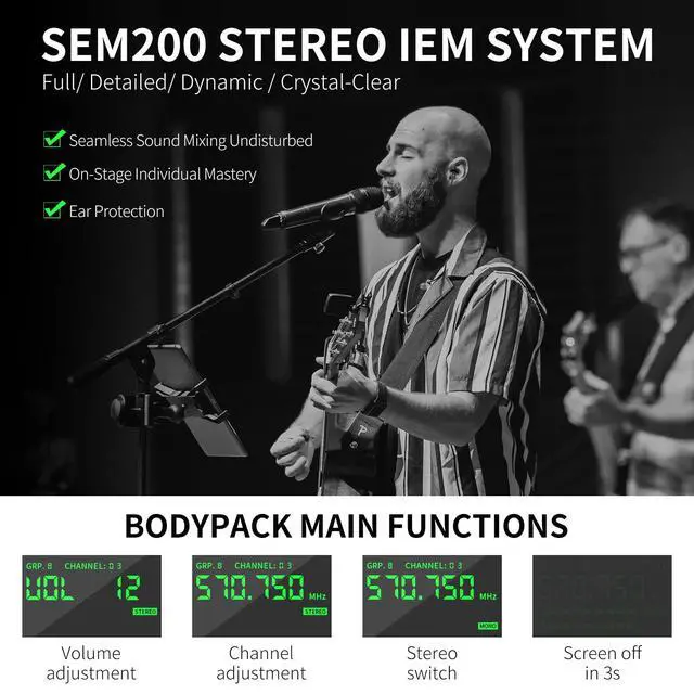 Alt view image 5 of 6 - SEM200 Stereo Wireless in Ear Monitor System(Only One Bodypack) | 2 Channel UHF IEM,Bluetooth Stage Monitoring,Earphone for Studio, Stage, Musician
