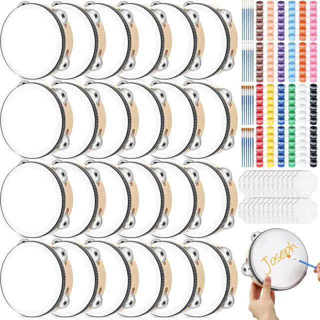 Main image of 24 Set 6 Inch Tambourine Drum Bulk DIY Tambourine Drum with Acrylic Paints, Paint Brush and Palette, Wood Metal Jingles Instrument Percussion Gift for Church Wedding Party Games