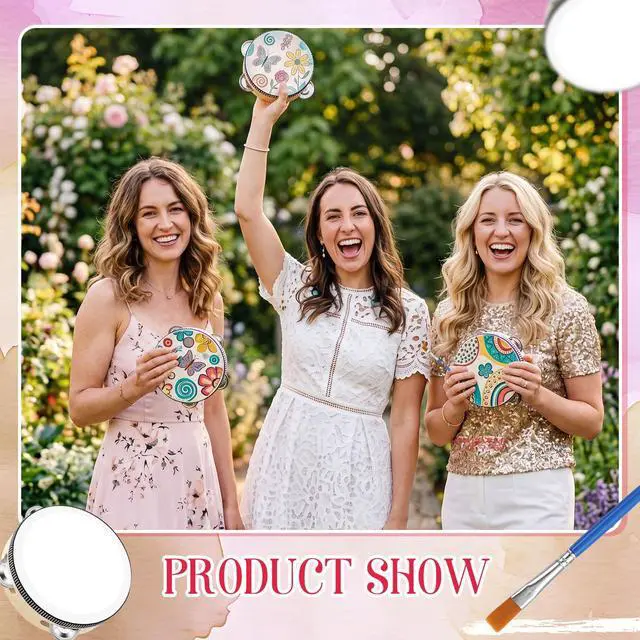 Alt view image 4 of 6 - 24 Set 6 Inch Tambourine Drum Bulk DIY Tambourine Drum with Acrylic Paints, Paint Brush and Palette, Wood Metal Jingles Instrument Percussion Gift for Church Wedding Party Games