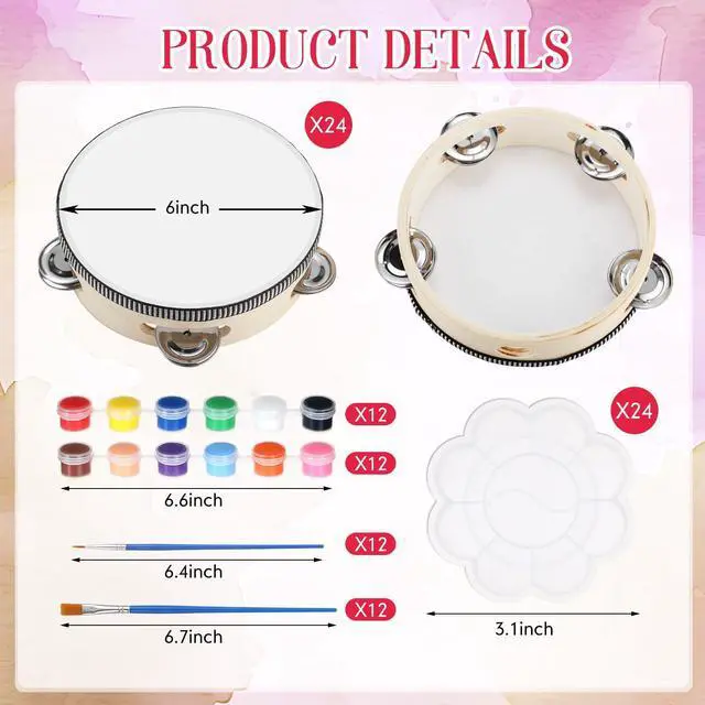 Alt view image 2 of 6 - 24 Set 6 Inch Tambourine Drum Bulk DIY Tambourine Drum with Acrylic Paints, Paint Brush and Palette, Wood Metal Jingles Instrument Percussion Gift for Church Wedding Party Games