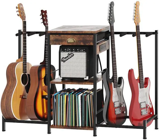 Main image of 6 Guitar Stand with Charging Station, Amp Stand & Vinyl Record Storage | Multi guitar rack, 3-tier shelves, Drawer, Rubber Protected for Acoustic, Electric, Bass. 47-inch metal frame, studio, home
