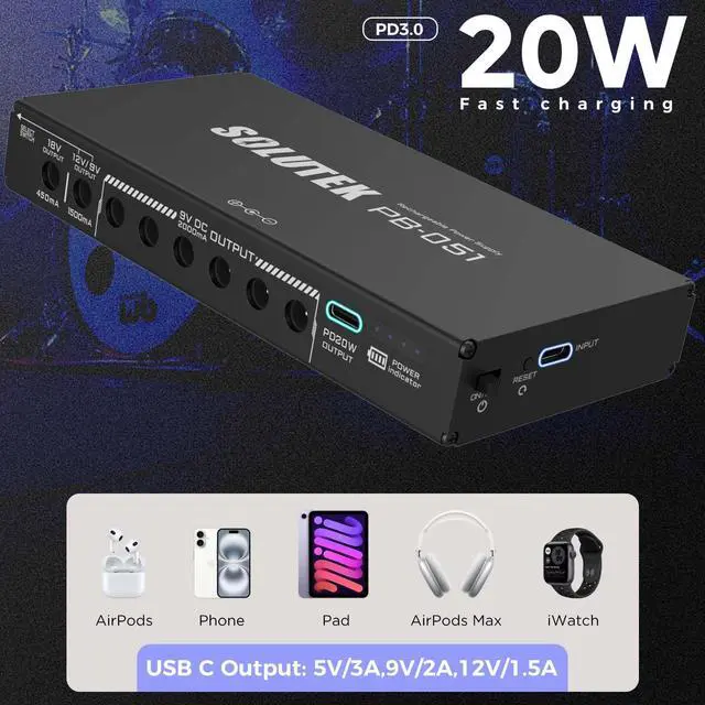 Alt view image 5 of 7 - Rechargeable Guitar Pedal Power Supply | 12800 High-Current 2000mA 9V 12V 18V 5V for Pedal Board and More Devices | Compact Convenient Quiet Powerful Model PB-051