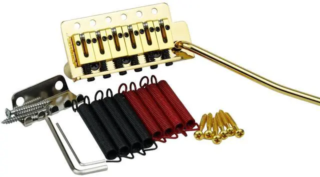 Main image of Guitar Tremolo Bridge with Brass Roller Saddle String Space 10.5mm & Brass Block & Spring and Claw, Pop-In Vibrato Bar, Complete Install Kit for Start ST Electric Guitar(GG-1001, Gold)