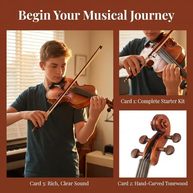 Alt view image 2 of 7 - Violin for Beginners, Acoustic Full Size 4/4 Violin Fiddle Starter Kit, Stringed Musical Instrument w/Case, 2 Violin Bows, 2 Bridges, Strings, Cleaning Cloth