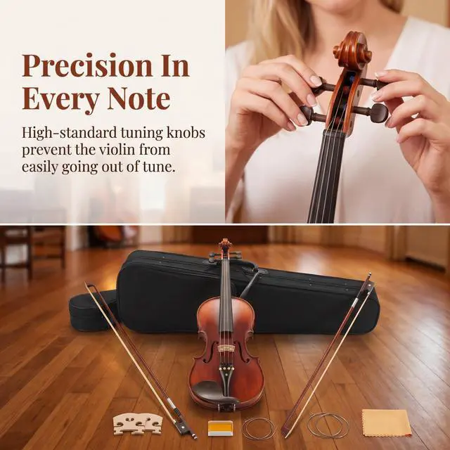 Alt view image 4 of 7 - Violin for Beginners, Acoustic Full Size 4/4 Violin Fiddle Starter Kit, Stringed Musical Instrument w/Case, 2 Violin Bows, 2 Bridges, Strings, Cleaning Cloth