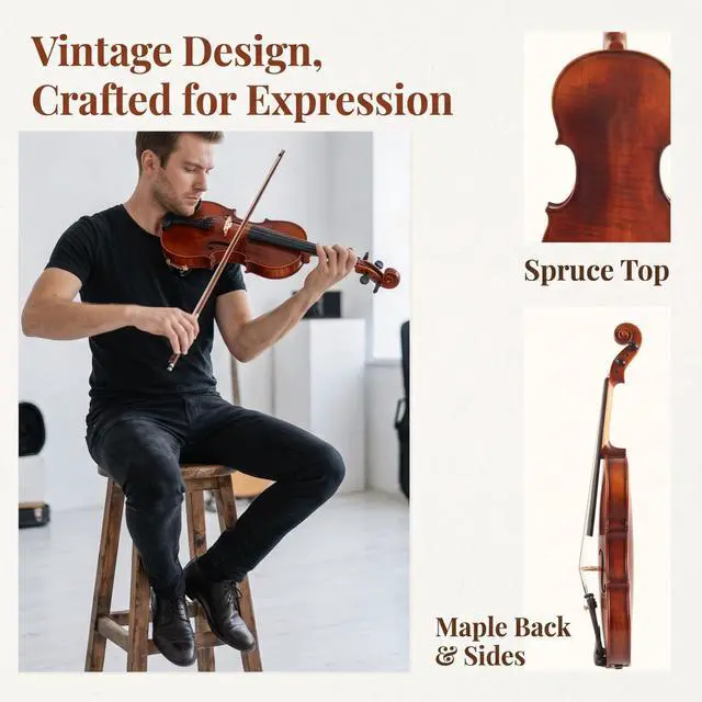 Alt view image 6 of 7 - Violin for Beginners, Acoustic Full Size 4/4 Violin Fiddle Starter Kit, Stringed Musical Instrument w/Case, 2 Violin Bows, 2 Bridges, Strings, Cleaning Cloth