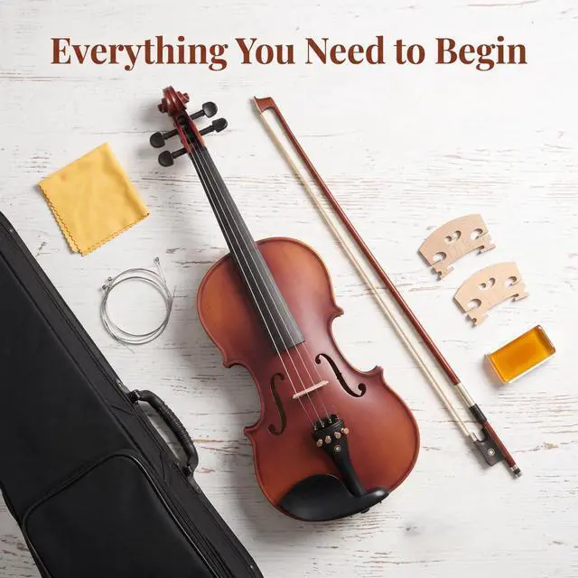 Alt view image 7 of 7 - Violin for Beginners, Acoustic Full Size 4/4 Violin Fiddle Starter Kit, Stringed Musical Instrument w/Case, 2 Violin Bows, 2 Bridges, Strings, Cleaning Cloth
