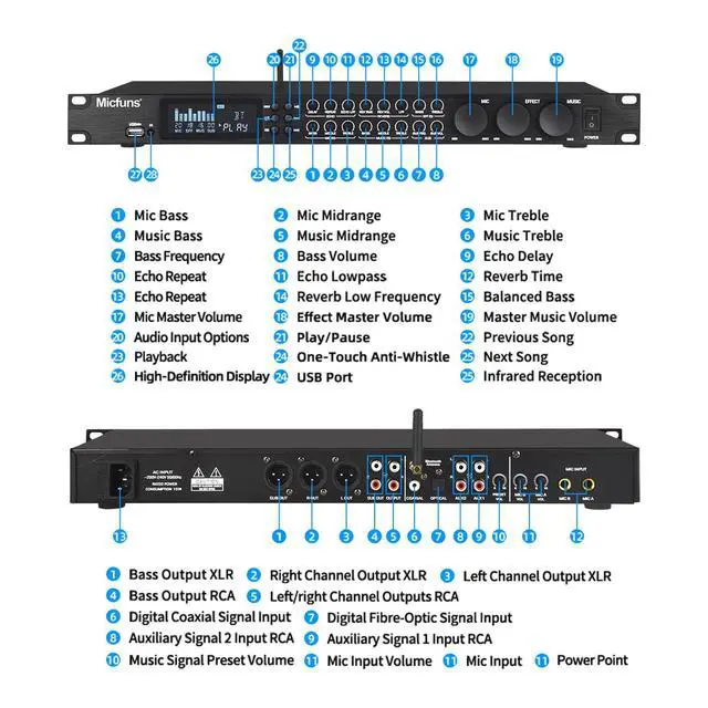 Alt view image 5 of 7 - KT900DSP Feedback Suppressor Preamp Preamplifier Karaoke Effector Digital Pre-stage Effector Anti-howling Audio Processor Echo USB MP3 Bluetooth Optical