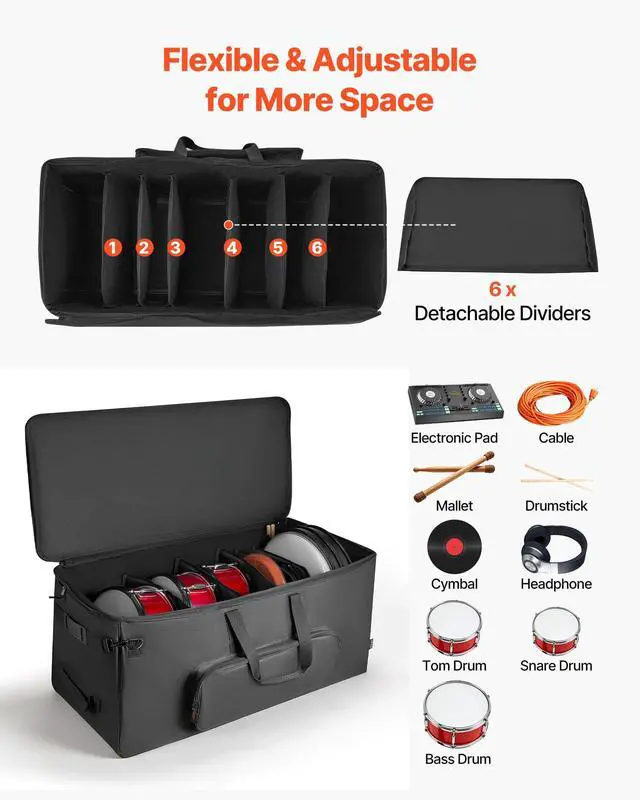 Alt view image 2 of 7 - Electronic Drum Kit Bag, 600D, Padded Drum Bag with Wheels, Large 36.2 x 16.5 x 16.1 in Interior, Lightweight Travel Case with Detachable Dividers, Multiple Pockets, for Electric Drums, Black