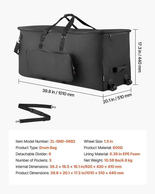 Alt view image 7 of 7 - Electronic Drum Kit Bag, 600D, Padded Drum Bag with Wheels, Large 36.2 x 16.5 x 16.1 in Interior, Lightweight Travel Case with Detachable Dividers, Multiple Pockets, for Electric Drums, Black