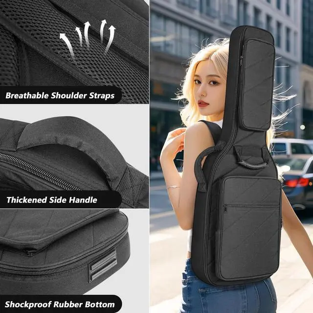 Alt view image 6 of 6 - Electric Guitar Case with 0.7 Inch Thick Padding 3 Pockets with Electric Guitar Gig Bag, Adjustable Shoulder Strap Compatible with 38 40 41 Inch Electric Guitar (Jet Black)