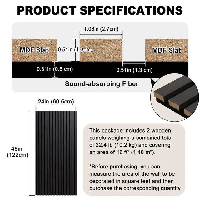 Alt view image 2 of 7 - 2 Pack Wood Finish Accent Wall Panels, 3D Slat Acoustic Paneling for Recording Studio, Office, Living Room Interior Decoration (Matte Black, 48"L x 24"W)