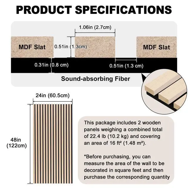 Alt view image 2 of 7 - 2 Pack Wood Finish Accent Wall Panels, 3D Slat Acoustic Paneling for Recording Studio, Office, Living Room Interior Decoration (Natural Oak, 48"L x 24"W)