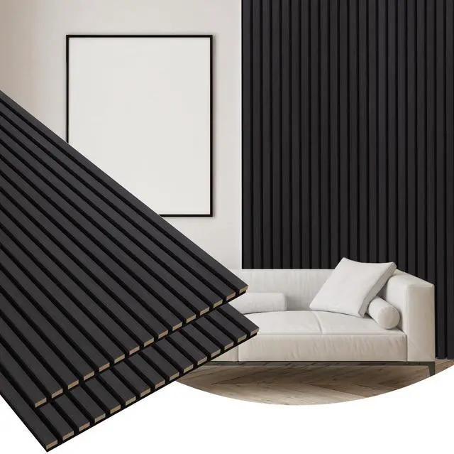 Main image of 2 Pack Wood Finish Accent Wall Panels, 3D Slat Acoustic Paneling for Recording Studio, Office, Living Room Interior Decoration (Matte Black, 48"L x 24"W)
