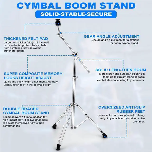 Alt view image 3 of 7 - Cymbal Stand 2Pack, Standard Cymbal Boom Stand Adjustable 30"-58" Ride and Crash Cymbal Stands