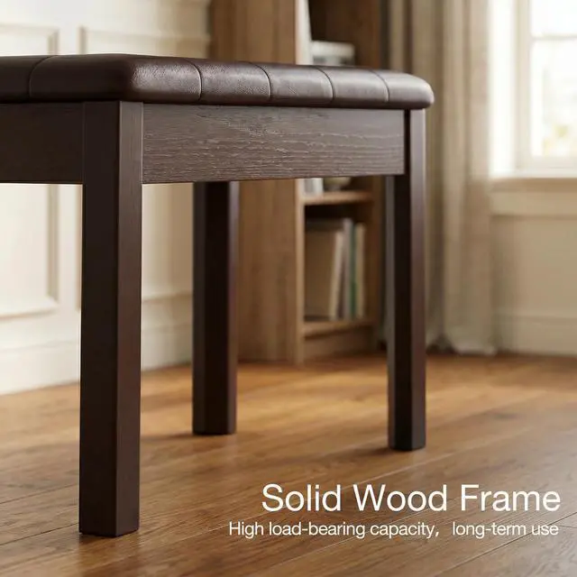 Alt view image 4 of 7 - Duet Piano Bench with Storage, Leather Tufted Padded Seat, Solid Wood Legs, Heavy Duty Music Sheet Storage Bench for Keyboard, Studio, or Living Room Brown