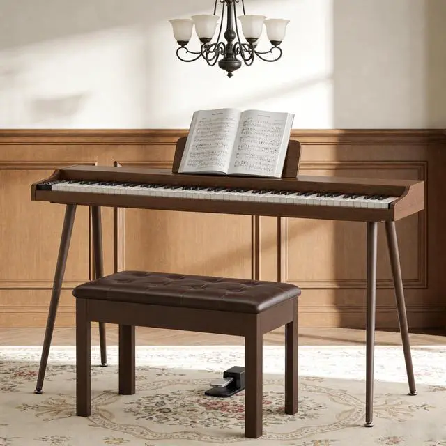 Alt view image 2 of 7 - Duet Piano Bench with Storage, Leather Tufted Padded Seat, Solid Wood Legs, Heavy Duty Music Sheet Storage Bench for Keyboard, Studio, or Living Room Brown