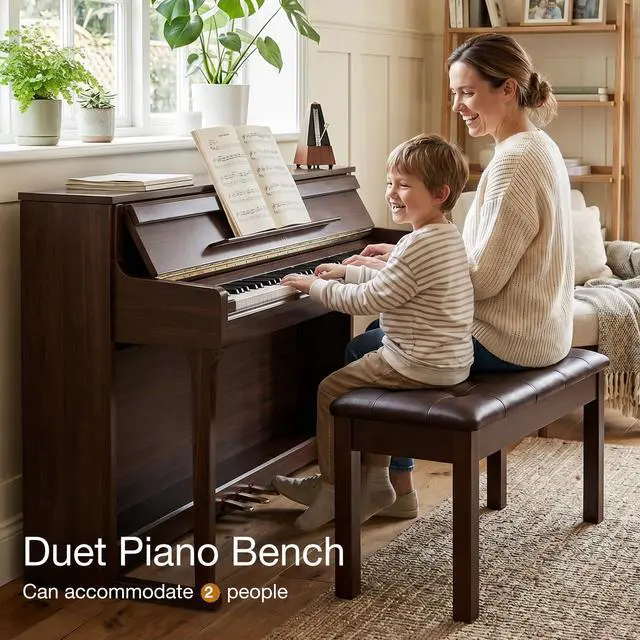 Alt view image 5 of 7 - Duet Piano Bench with Storage, Leather Tufted Padded Seat, Solid Wood Legs, Heavy Duty Music Sheet Storage Bench for Keyboard, Studio, or Living Room Brown