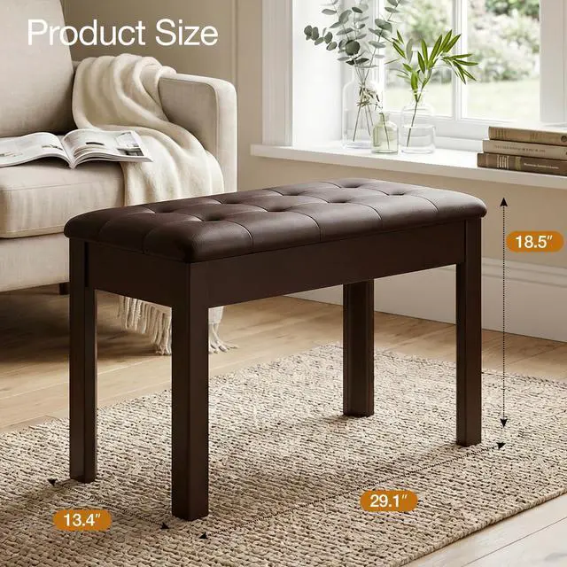 Alt view image 3 of 7 - Duet Piano Bench with Storage, Leather Tufted Padded Seat, Solid Wood Legs, Heavy Duty Music Sheet Storage Bench for Keyboard, Studio, or Living Room Brown