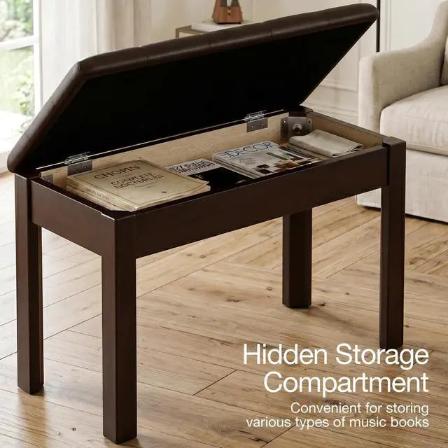 Alt view image 7 of 7 - Duet Piano Bench with Storage, Leather Tufted Padded Seat, Solid Wood Legs, Heavy Duty Music Sheet Storage Bench for Keyboard, Studio, or Living Room Brown