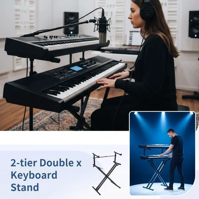 Alt view image 2 of 7 - 2-tier Double x Keyboard Stand, Heavy-duty Adjustable Height Piano Stand with Locking Straps & Quick Release, Portable X-Style Holder for 54/61/88 Key Digital Pianos, Stage Studio Home Use