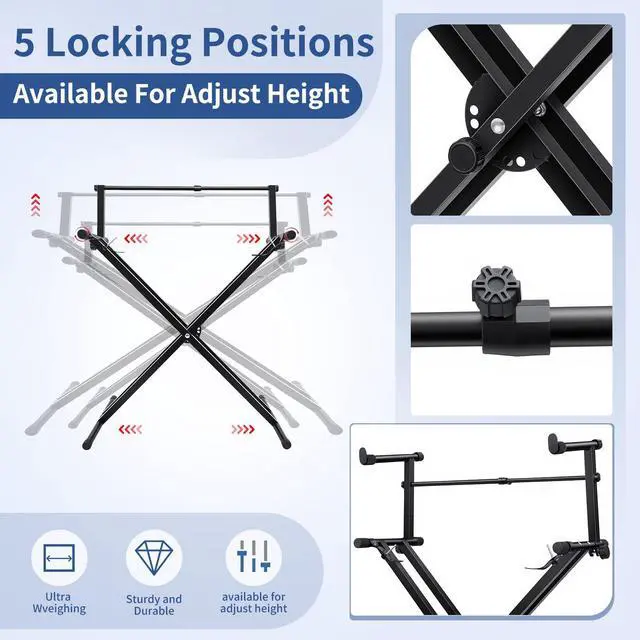 Alt view image 3 of 7 - 2-tier Double x Keyboard Stand, Heavy-duty Adjustable Height Piano Stand with Locking Straps & Quick Release, Portable X-Style Holder for 54/61/88 Key Digital Pianos, Stage Studio Home Use