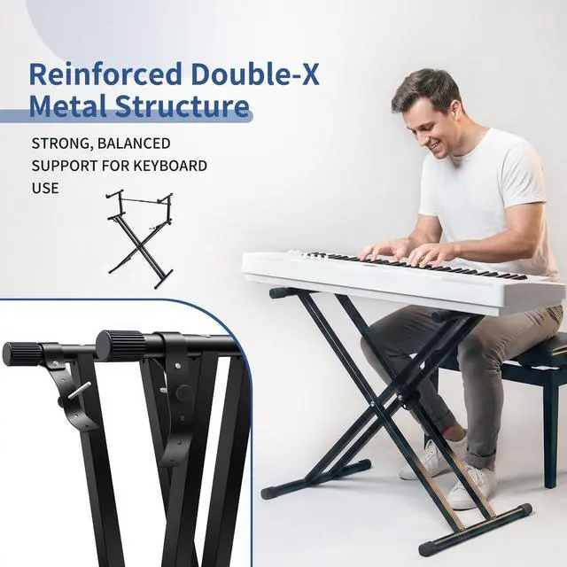 Alt view image 4 of 7 - 2-tier Double x Keyboard Stand, Heavy-duty Adjustable Height Piano Stand with Locking Straps & Quick Release, Portable X-Style Holder for 54/61/88 Key Digital Pianos, Stage Studio Home Use
