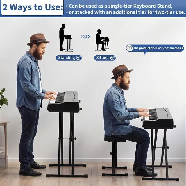 Alt view image 6 of 7 - 2-tier Double x Keyboard Stand, Heavy-duty Adjustable Height Piano Stand with Locking Straps & Quick Release, Portable X-Style Holder for 54/61/88 Key Digital Pianos, Stage Studio Home Use