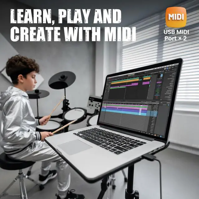 Alt view image 2 of 7 - Electric Drum Set with Quiet Mesh Pads Portable for Adults Beginners | Electronic Drum Kit with 150 Sounds 15 Kits 2 Pedals Throne Headphones USB-MIDI for Home Studio Practice Learning Ideal Gift