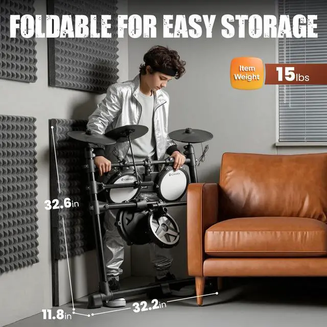 Alt view image 7 of 7 - Electric Drum Set with Quiet Mesh Pads Portable for Adults Beginners | Electronic Drum Kit with 150 Sounds 15 Kits 2 Pedals Throne Headphones USB-MIDI for Home Studio Practice Learning Ideal Gift