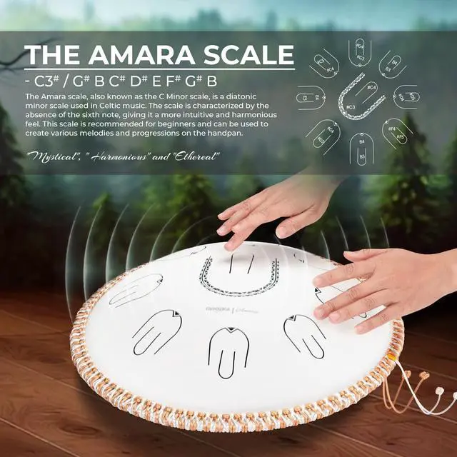 Alt view image 2 of 6 - Steel Tongue Drum, 14" Portable Amara Scale Handpan With Octave Overtone Design, For Beginner and Professional (Amara, White)