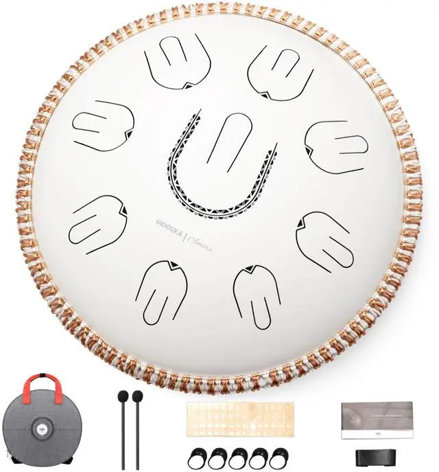 Main image of Steel Tongue Drum, 14" Portable Amara Scale Handpan With Octave Overtone Design, For Beginner and Professional (Amara, White)